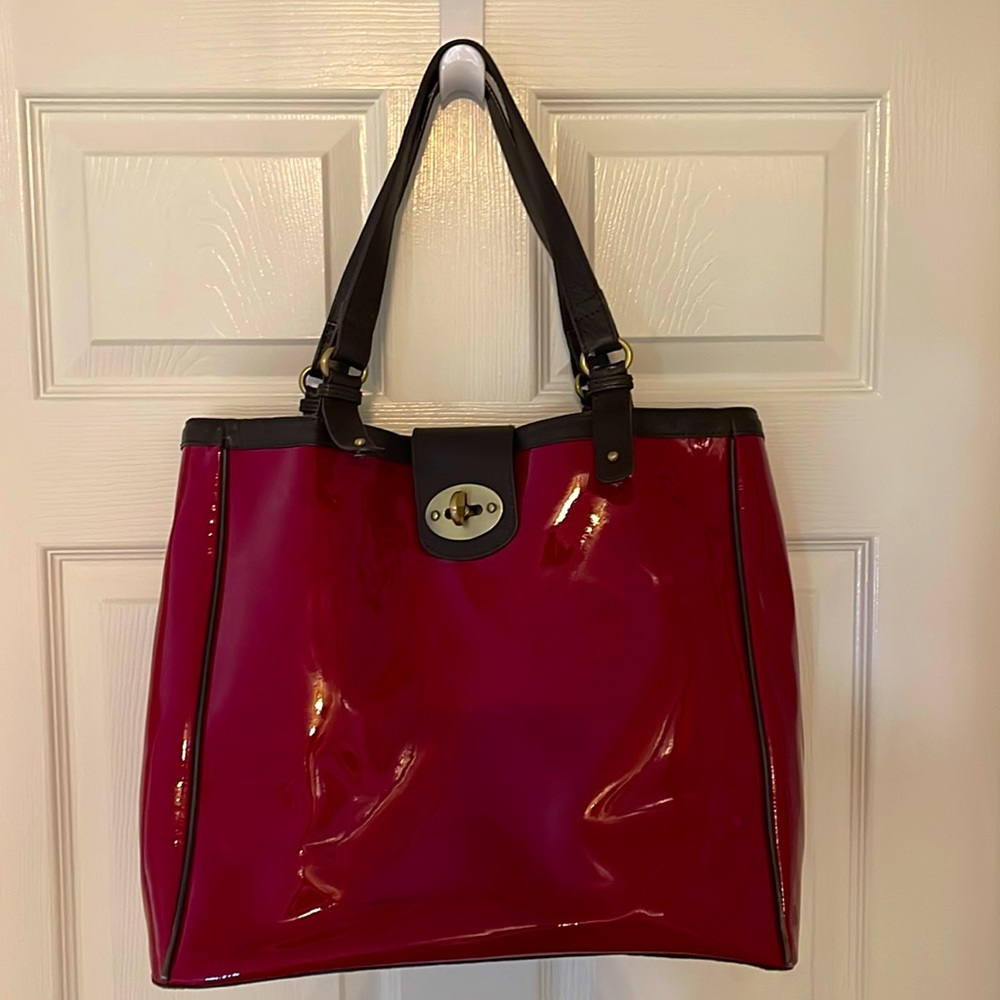 Boden red and brown patten leather bag with gold hardware. My fav bag ever!